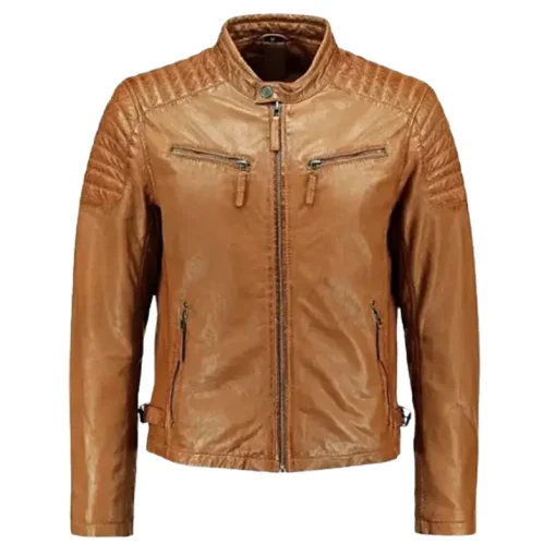 Men’s Paded Tan Leather Biker Jacket