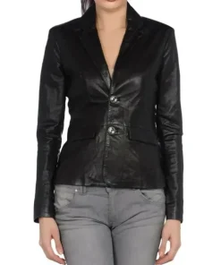 Women Black Genuine Leather Blazer