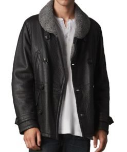 Mens Shearling Double Breasted Black Pea Coat