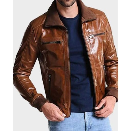 Mens Bomber Shining Brown Leather Jacket