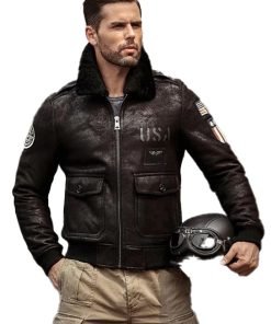 Men Black Leather Shearling Bomber Jacket