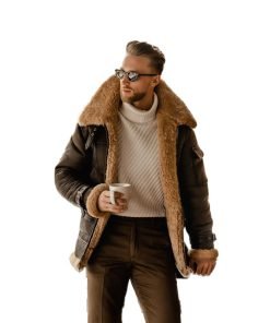 Men's Brown Shearling Leather Long Jacket Coat