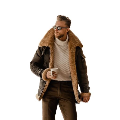 Men's Brown Shearling Leather Long Jacket Coat
