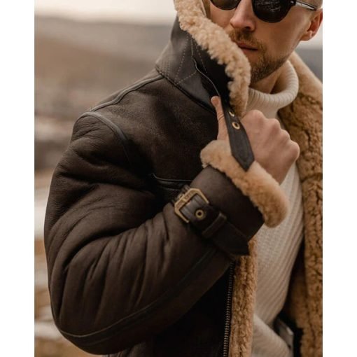 Men's Brown Shearling Leather Long Jacket Coat