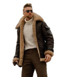 Men's Brown Shearling Leather Long Jacket Coat