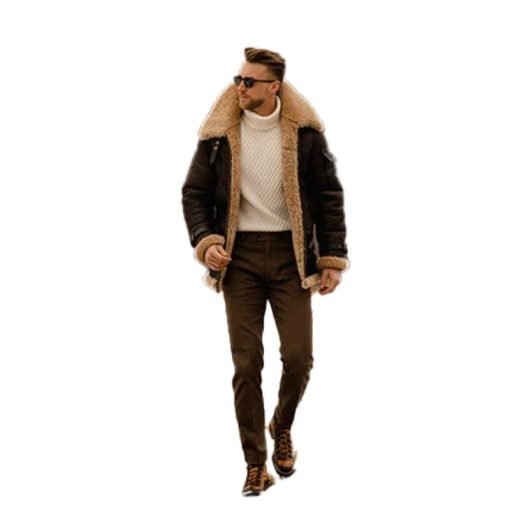 Men's Brown Shearling Leather Long Jacket Coat