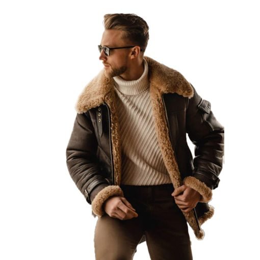 Men's Brown Shearling Leather Long Jacket Coat