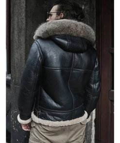 Men's Hooded Sheepskin Black Shearling Jacket