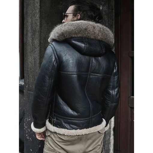 Men's Hooded Sheepskin Black Shearling Jacket