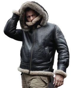 Men's Hooded Sheepskin Black Shearling Jacket