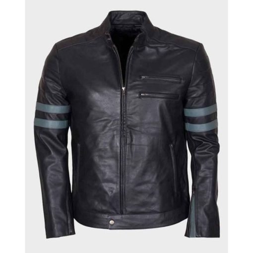 Mens Blue Stripe Mayhem Retro Black Biker Jacket