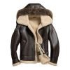 Mens Brown Hooded Sheepskin Shearling Leather Jacket