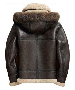 Mens Brown Hooded Sheepskin Shearling Leather Jacket