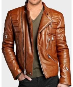 Mens Brown Padded Motorcycle Leather Jacket