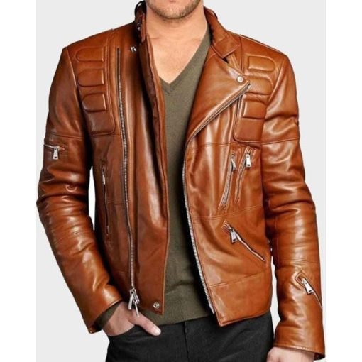 Mens Brown Padded Motorcycle Leather Jacket