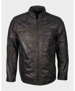 Mens Cafe Racer Grey Waxed Biker Leather Jacket