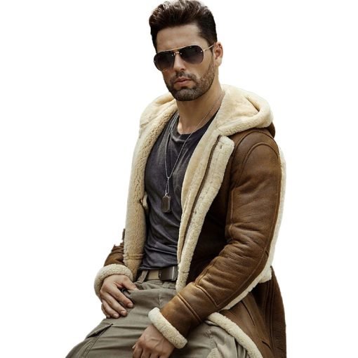 Mens Hooded Sheepskin Shearling Leather Jacket