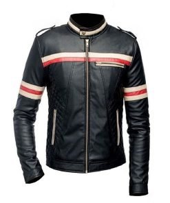 Red And White Striped Mens Black Biker Jacket