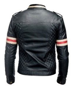 Red And White Striped Mens Black Biker Jacket