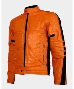 Mens Slim Fit Orange Padded Biker Leather Jacket