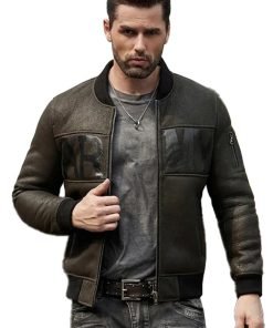 Mens ArmyGreen Sheepskin Motorcycle Leather Jacket