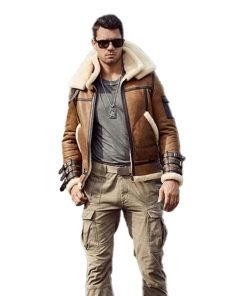 Mens Brown Double Collar Shearling Leather Jacket Coat