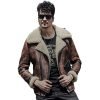 Mens Waxed Brown Leather Shearling Jacket Coat