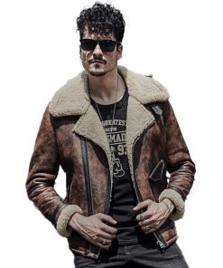 Mens Waxed Brown Leather Shearling Jacket Coat