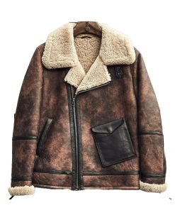 Mens Waxed Brown Leather Shearling Jacket Coat