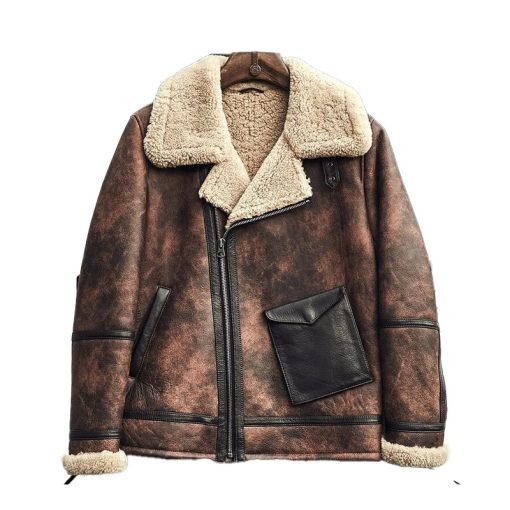 Mens Waxed Brown Leather Shearling Jacket Coat