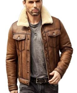 Mens Brown Sheepskin Trucker Shearling Leather Jacket