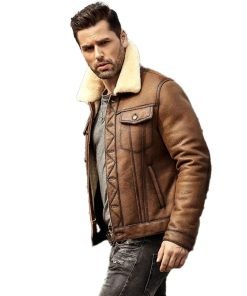 Mens Brown Sheepskin Trucker Shearling Leather Jacket