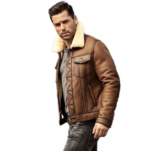 Mens Brown Sheepskin Trucker Shearling Leather Jacket