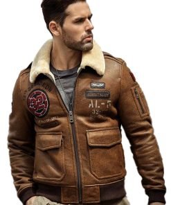 Brown Embroidered Shearling Leather Bomber Jacket