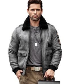 Mens Grey B3 RAF Flight Shearling Leather Jacket Coat