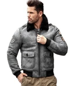 Mens Grey B3 RAF Flight Shearling Leather Jacket Coat