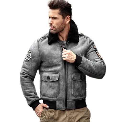 Mens Grey B3 RAF Flight Shearling Leather Jacket Coat