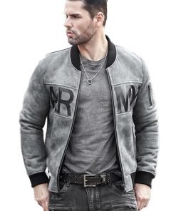 Mens Grey Sheepskin Army Shearling Bomber Jacket