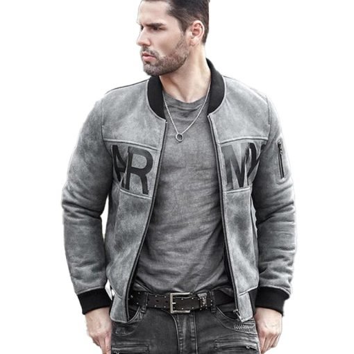 Mens Grey Sheepskin Army Shearling Bomber Jacket