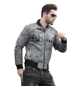 Mens Grey Sheepskin Army Shearling Bomber Jacket