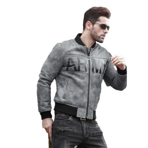 Mens Grey Sheepskin Army Shearling Bomber Jacket