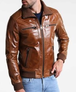 Mens Bomber Shining Brown Leather Jacket