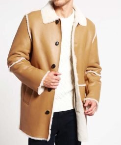 Mens Shearling Tan Brown Leather Car Coat