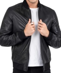 Men’s Black Leather Bomber Jacket