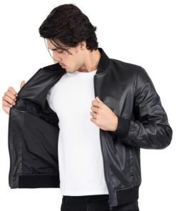 Men’s Black Leather Bomber Jacket