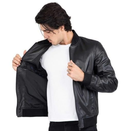 Men’s Black Leather Bomber Jacket