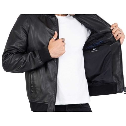 Men’s Black Leather Bomber Jacket