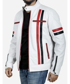 White Cafe Racer Jacket with Red and Black Stripes