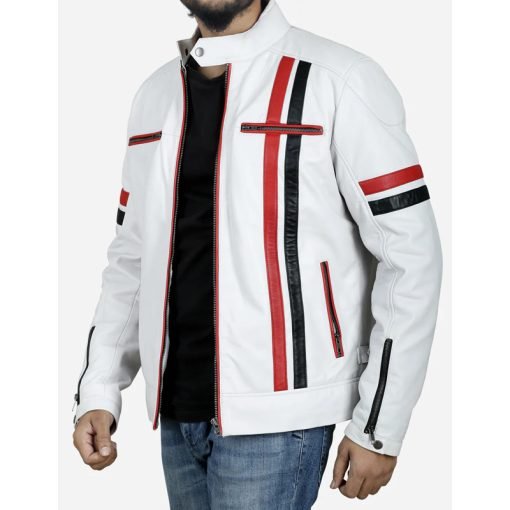 White Cafe Racer Jacket with Red and Black Stripes