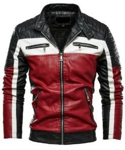 Black White and Red Slim Fit Leather Biker Jacket